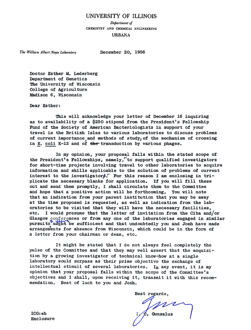 d0103 ICGunsalus to EML (Soc Amer Bacteriologists Fellowship) 12-20-56 58